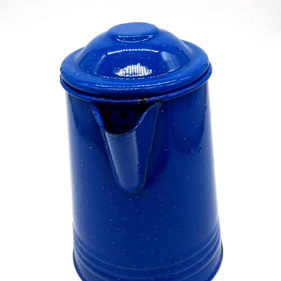 Vintage Tres Mexico Blue Speckled Enamelware Camping Coffee Pot Hinged Lid - Picture 4 of 7